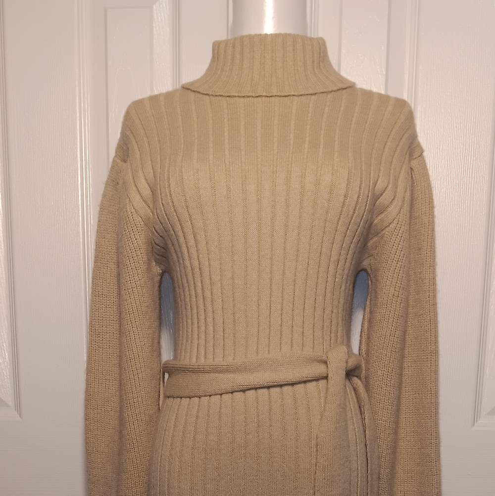 NWT. Fab'rik (Lumiere) James Turtleneck Ribbed Midi Sweater Dress - Tan